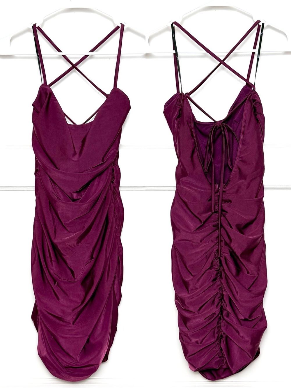 LULUS Plum Ruched Shimmer Jersey Halter Lace Up Back Y2K Bodycon Mini Dress‎ L - Picture 3 of 6